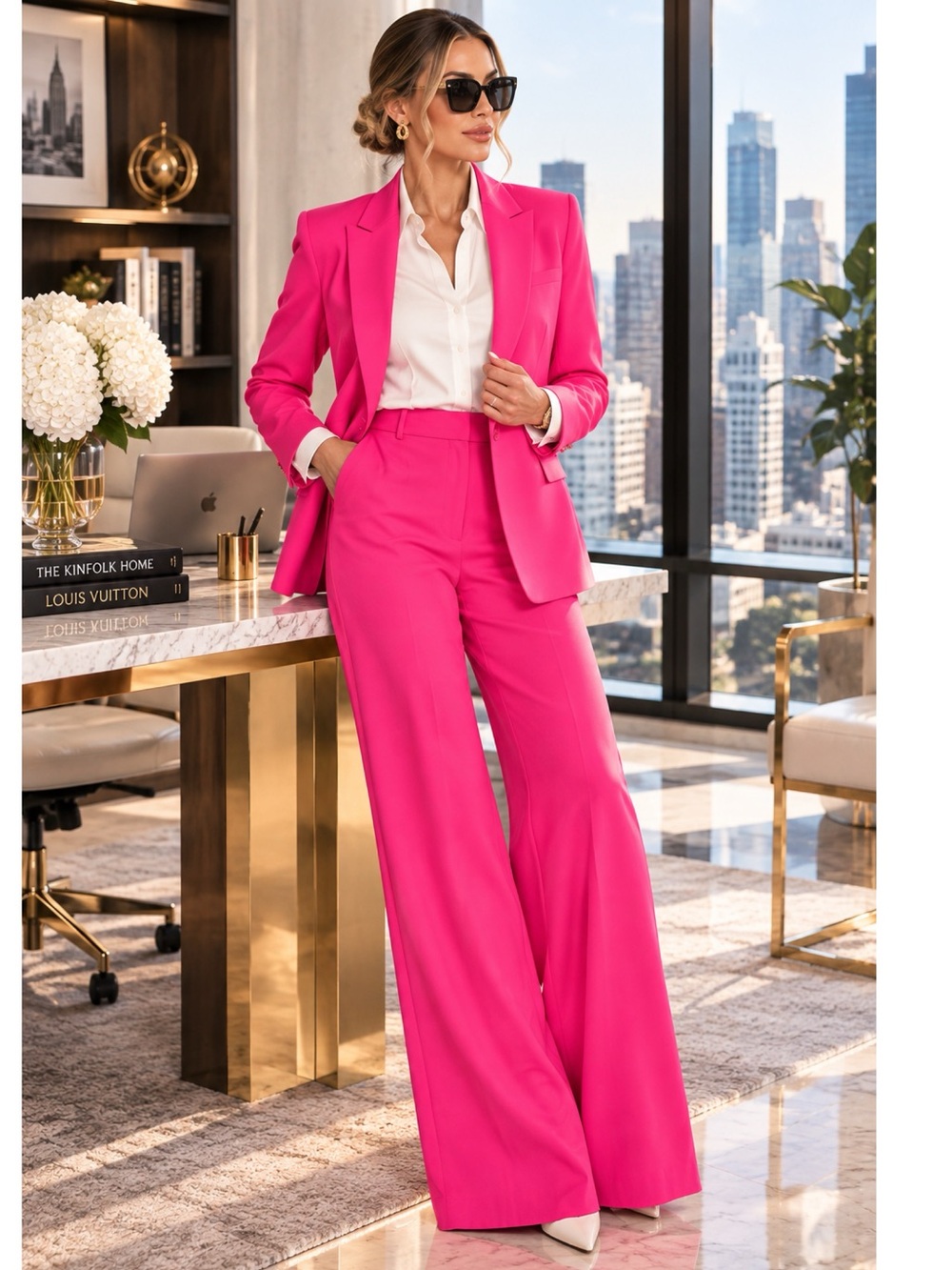 L'AGENCE Chamberlain Blazer and Wide Leg Pant in Pink Glo Pink Woman’s Pantsuit